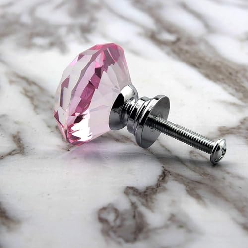 QINGHEC 6 Pcs Pale Pink Crystal Drawer Knobs, Diamond Door Knobs, Glass Cupboard Handles, Pink Wardrobe Knobs with Screw - Image 2