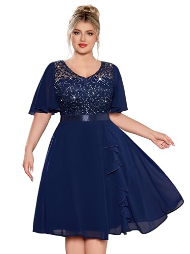 MISSMAY Women's Plus Size V-Neck Sequin Floral Lace Ruffle Style Cocktail Dress for Wedding Guest