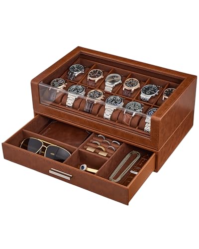ProCase 12 Slots Uhrenbox mit klarem Deckel PU Leder Mens Watch Box Uhrenkasten mit Schublade Uhrenaufbewahrung Uhrenkoffer für Herrn -Braun