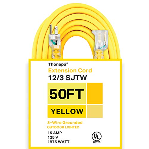 Thonapa 50 Foot Lighted Outdoor Extension Cord - 12/3 SJTW Heavy Duty Yellow