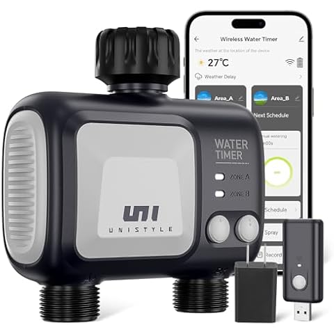 Unistyle WiFi Sprinkler Timer 2 Zone, Programmable Smart Water Timer 2 Outlet, WiFi Irrigation Controller with Rain Delay/Auto Mode/Manual, Outdoor Hose Timer for Lawns, Yards and Garden Cover