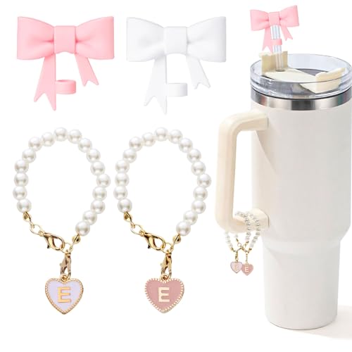 LUHOHI Pink Bow Stanley Straw Topper 2pcs Pearl Chain for Stanley Cup Accessories Initial Letter Charms Handle with 2pcs Straw covers for Water Bottle Jewelry Tumbler Personalized Decorations Tag E