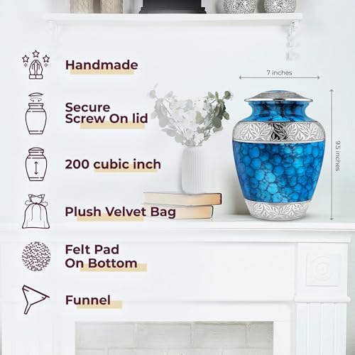 Trupoint Memorials Cremation Urns for Human Ashes, Decorative Burial Urn for Adult Men and Women, Large Light Blue with Silver Lining