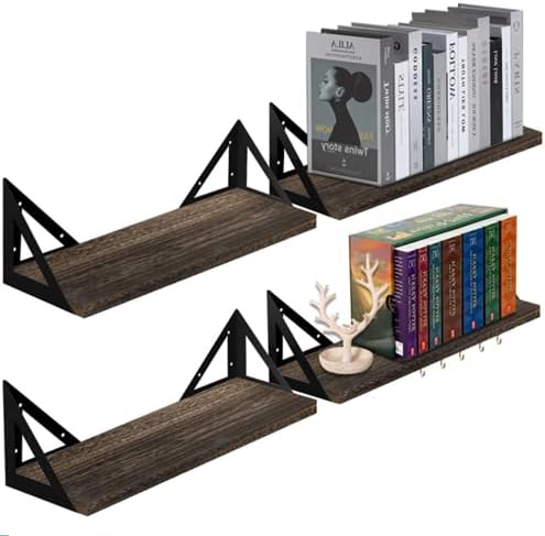 Floating Wall Shelves, Wall Mounted Shelves Wood Rustic Bookshelves Hanging Decorative Wall Shelves for Living Room, Bathroom, Kitchen, Office, Small Modern and Heavy Duty with 8 Free Hooks(Set of 4)