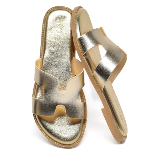 NianEr Womens Microfiber Leather Memory Foam Support H Sandals Dress Dressy Slip On Casual Cute Comfort Bride Bridal Wedding Designer Date Flat Sandals Summer Shoes Slides