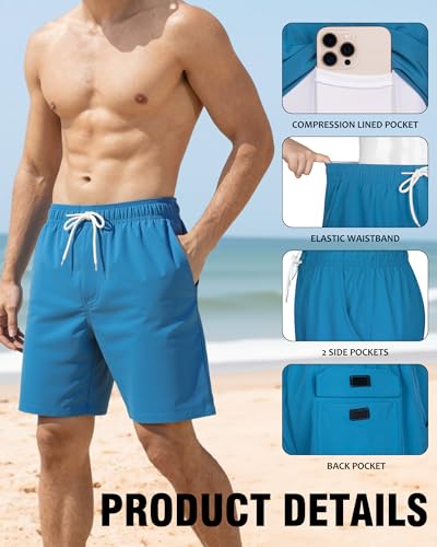 Image of Mens Swim Trunks with Compression Liner 2 in 1 Quick Dry Swimming Shorts Swimwear Bathing Suits with Pockets, 7 Inch-Pure Blue,L