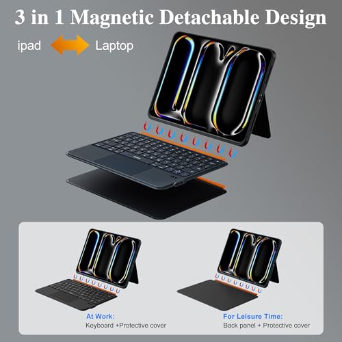 Image of WIWU iPad Pro 11 inch Case with Keyboard M4 /M5 2024 /2025 Magnetic Detachable 3 in 1 Case Bluetooth Keyboard Adjustable Stand 7 Colors Backlit Keys with Trackpad (Black, iPad Pro 11 inch(M4 /M5 2024 /2025))