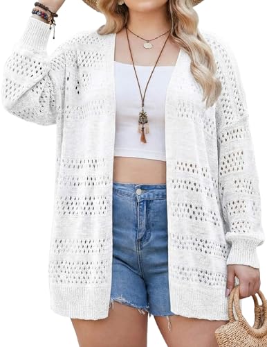Image of IN'VOLAND Womens Plus Size Crochet Cardigan Lightweight Long Sleeve Open Front Oversized Boho Sweaters Kimonos