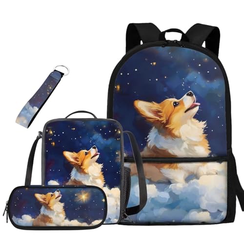 Galaxy Corgi Dog Backpack for Girls Boys Backpack with Lunch Box Soft Pencil Pouch and Key Lanyard 4 PCS Set 17