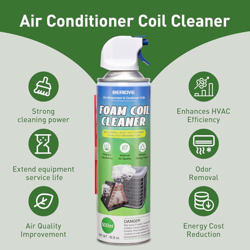 Image of BERlOVE Foaming AC Coil Cleaner: Heavy Duty HVAC Spray for Condenser & Evaporator Coils, Professional Strength for Maintenance Technicians & DIY Use 460g