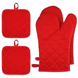Juego de 4 Manoplas Horno y Soportes para ollas, Guantes para Horno, Guantes Cocina, Resistente al Calor, Guantes para cocinar Algodón, para Cocinar, Asar, Hornear, Barbacoa y Microondas (Rojo)