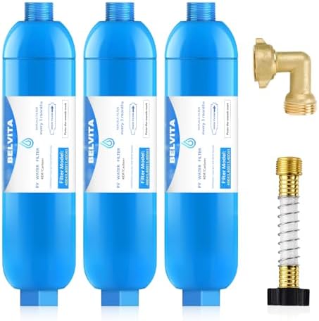 BELVITA RV Inline Water Filter with Solid Brass 90 Degree Hose Elbow, Eliminates Stress and Strain On RV Water Intake Hose Fittings(3 Pack)