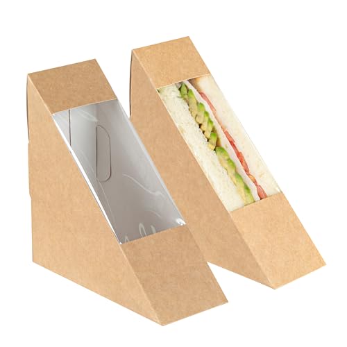 Restaurantware-Cafe Vision 4.8 x 2 Inch Sandwich Paper Boxes, 200 Small Sandwich Wedge Boxes - With Window, Disposable, Kraft Paper Triangle Sandwich Containers, Grease-Resistant Lining