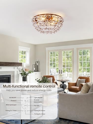Image of 18 inch Flower Fandelier Ceiling Fan with Light, Crystal Flush Mount Ceiling Fan with Light and Remote, Mid Century Caged for Bedroom, Nursery, Living Room