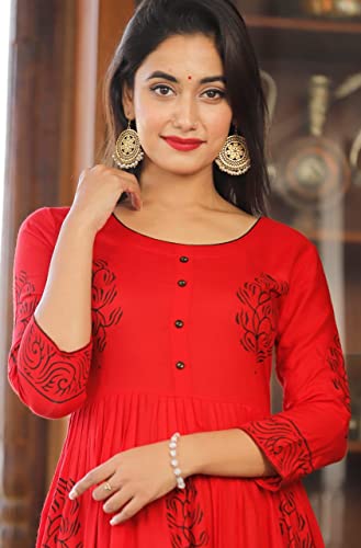 Image of TARANJAL Women's Rayon Anarkali Hand Block Printed Kurti