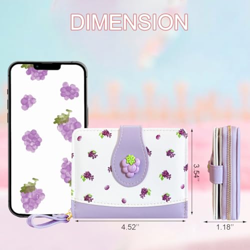 Image of Cute Print Wallet Blueberry Strawberry Cherry Wallet with Credit Card Holder Zipper Coin Purse for Women Girls (GRAPE)