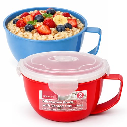 SOL 2pk Microwave Bowls with Vented Lids 900ml Microwave Soup Containers Plastic Container for Food Storage Heating Reusable Kitchen Holders Leak Resistant Dishwasher Safe Freezer Safe Home Office Use