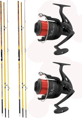 KIT 2 CANNE HYPERION + 2 MULINELLI SILK EVOLUTION 7000 CANNA SURFCASTING HYPERION CANNA DA SURFCASTING DI OTTIMA QUALITÀ, RIPARTITA IN 3 SEZIONI AD INNESTO, LA VETTA RISULTA PARTICOLARMENTE SENSIBILE,DOTATA DI ANELLI IN PIETRA DURA TIPO DOPPIO PONTE PER UNA MIGLIORE FUORIUSCITA DEL FILO IN FASE DI LANCIO. LA PLACCA A GHIERA IN GRADO DI OSPITARE MULINELLI DI QUALUNQUE DIMENSIONE, E' POSIZIONATA A CM. 80 DAL PEDONE, CONSENTENDOCI LANCI POTENTI E SICURI.