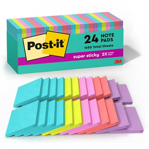 Post-it Super Sticky Notes, 24 Sticky Note Pads, 3 x 3 in., Ideal...