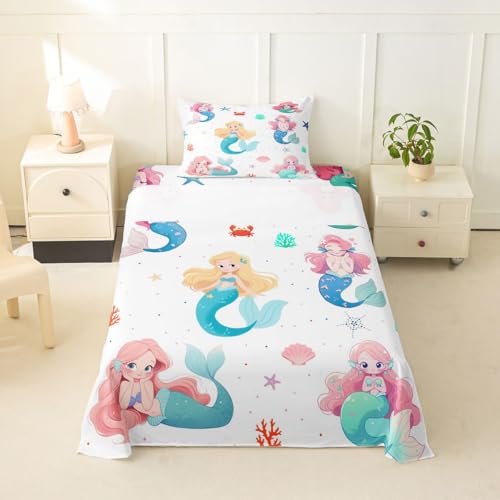 Image of jejeloiu Mermaid Bed Sheets Set Twin Size Mermaid Tail Deep Pocket Fitted Sheet Sea Animal Bedding Sets Ocean Theme Soft Bed Set 3Pcs with 1 Pillow Cases