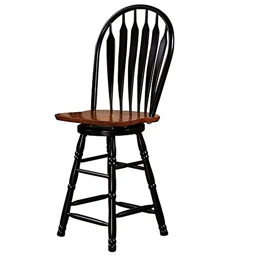 Butaco giratorio de altura para barra de 24 pulgadas Sunset Trading Selections | Estilo granjero, country y cottage Windsor con respaldo en flecha | Madera maciza negra anticuada y cerezo | Muebles para comedor, cocina y bar en el hogar