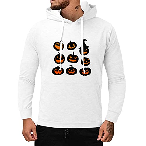 Hoodies for Men Casual Pumpkin Print Pullover Long Sleeve Hooded Tops Drawstring Pocket Hoodies Sweatshirt Blouse (01 White, M)