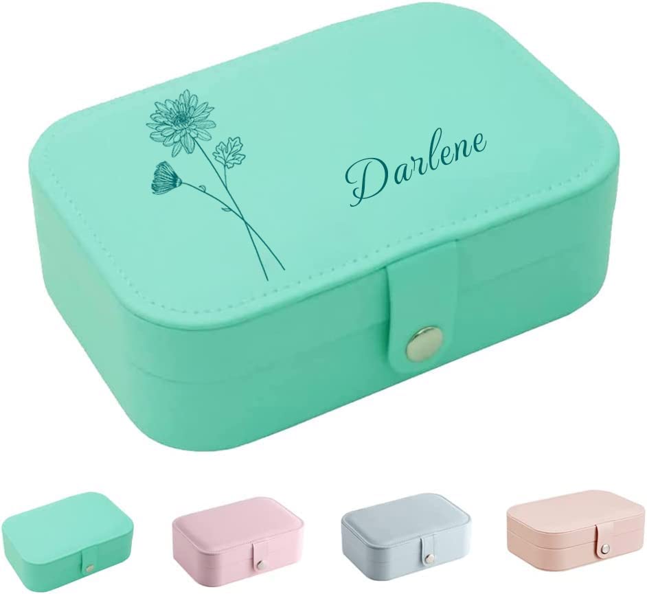 JACHAM Custom Leather Jewelry Box, Personalized Jewelry Travel Case, Customized Jewelry Organizer Box with Name and Birth Flower Month, Mom Birthday Gifts for Women (Rectangle Light Green Box)