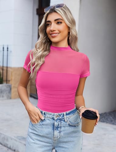 Image of Avidlove Women's Short Sleeve Bodysuit Turtle Neck Body Suits Mesh One Piece Leotard Going Out Tops Date Outfits