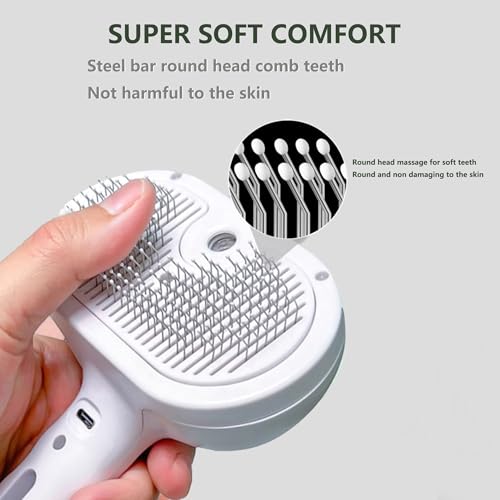 Image of Pet Brush Hair Removal Steam，Steam Pet Spray Hair Removal Comb for Dogs with Anti-Lost Pendant，3 in 1 Self Cleaning Misting Cat Brush for Shedding for Long Short Haired, White