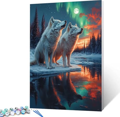 Pintar por Numeros Adultos Lobo Pintar por Numeros Luna, DIY Kit Manualidades Adultos con 3 Pinceles y Pigmento Acrílico, Paint by Numbers Adult para Decoracion Hogar, Regalo Mujer 40x50cm 5-7921