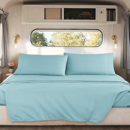 Nestl Light Blue Short Queen Sheets for RV, Hotel Luxury RV Queen Sheets Set, 4 Piece Fitted Bed Sheet Set and Pillowcases, Super Soft, Wrinkle-Free, and Breathable Camper Bedding