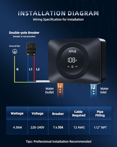 Image of APUS 4500W Electric Tankless Water Heater, 240V, Point of Use, 3s Hot Water