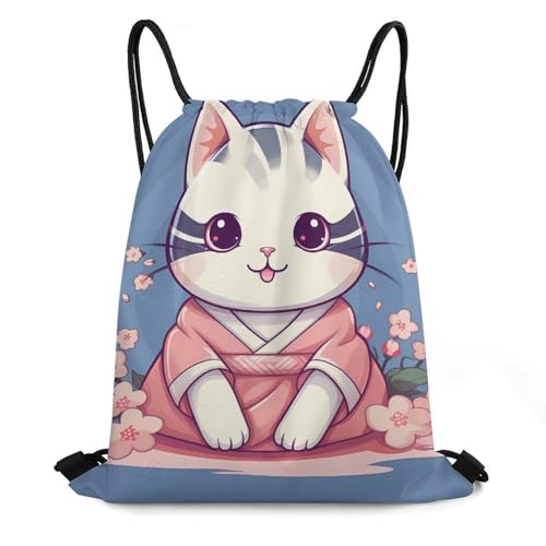 Cute Japanese Cat Drawstring Backpack Durable Sport Gym Bags Daypack for Men Women 35 * 42cm