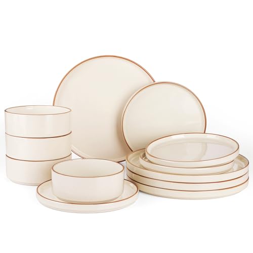 Image of Famiware Nebula Plates and Bowls Sets for 4, 12 Pieces Stoneware Dinnerware Set, Microwave and Dishwasher Safe Dishes Set, Vanilla White with Brown Rim