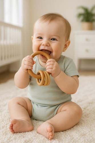 Image of Shark Doo Doo Neem Wood Baby Teether (Round Rattle with Rings) | Organic & Handcrafted | Chemical-Free, Paint-Free, Antibacterial Teething Toy for Babies