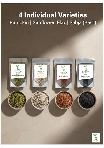 Image of BIVORA 4 Seed Combo 1kg (250g x 4) | Pumpkin Seeds, Sunflower, Flax & Sabja Basil | Raw Edible Mixed Seeds Pack for Salads, Smoothies & Recipes