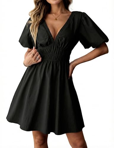 Amoretu Women's Deep Vneck Short Sleeve Short Cotton Dress Sexy Elegant Party Date Night Club Cocktail Dresses with Pockets (Black, XL)