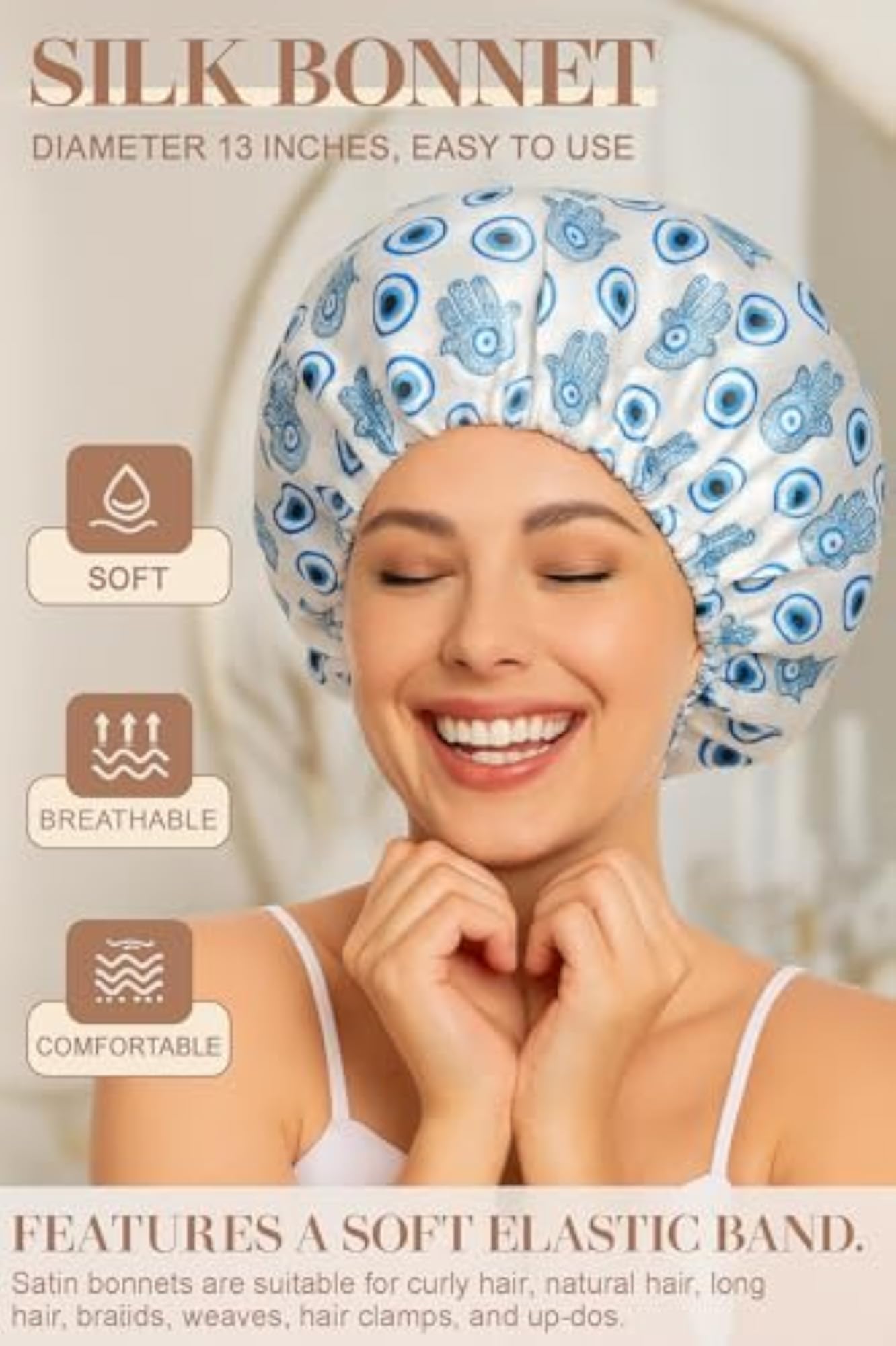 Women's Double-Layered Satin Shower Cap with Hamsa & Evil Eye Design
