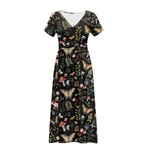 Image of Women's Fall Summer Short Sleeve Ankle Length V-Neck Party Dress with Pockets Size S-3XL