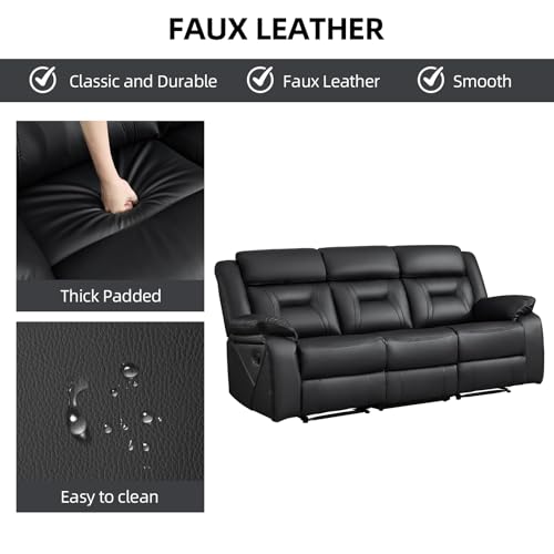Image of EBELLO Faux Leather Manual Reclining Sofa, 3 Seat Recliner Sofa Chair, Couch Furniture for Living Room, Furniture, Meeting Room, Black (3 Seat Sofa)