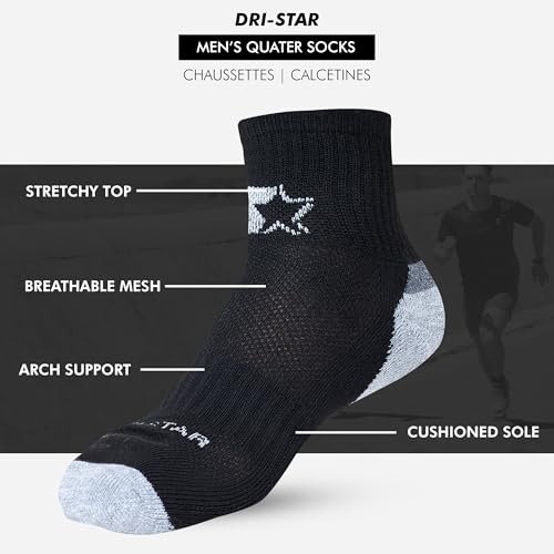 STARTER DRI-Fit Quarter Ankle Socks Men 10 Pack, Athletic Ankle Socks Men | Arch Support, Half-Cushioned Sole, Size 6-122