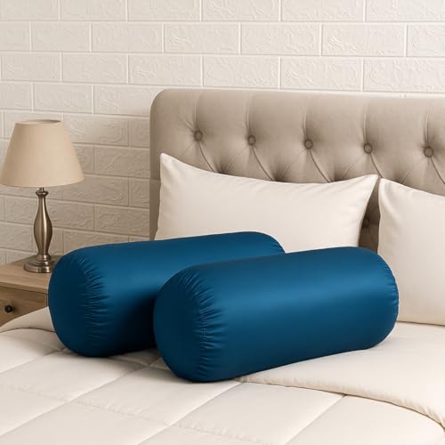 Image of Wakefit Soft Bolster Pillow | Set of 2 | 25x10 Inch | Hollow Fiber Filling & 100 GSM Peach Finished Fabric | Machine Washable Pillow | for Bed, Sofa & Diwan | Teal