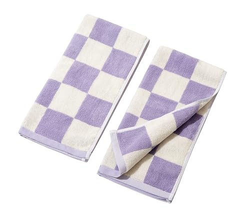 Madi-Cadi 100% Cotton Checkerboard Towels Set of 2, Farmhouse Kitchen & Guest Bathroom Towels, 13 x 29 Inches, Highly Absorbent Lint-Free Dish & Hand Towels with Double-Stitched Hems(Lavender)