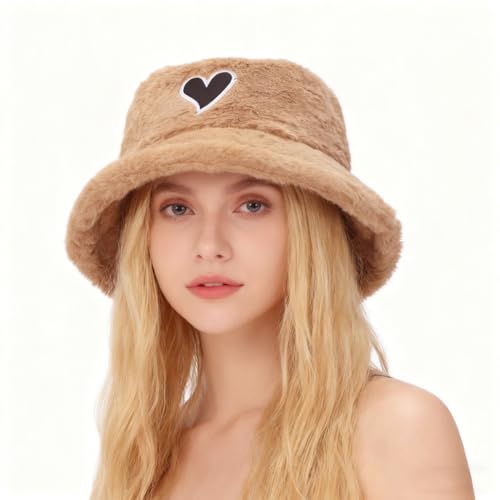 Image of Bucket Hat Women Furry Fuzzy Bucket Hats for Ladies, Winter Warm Fluffy Plush Faux Fur Hat for Women