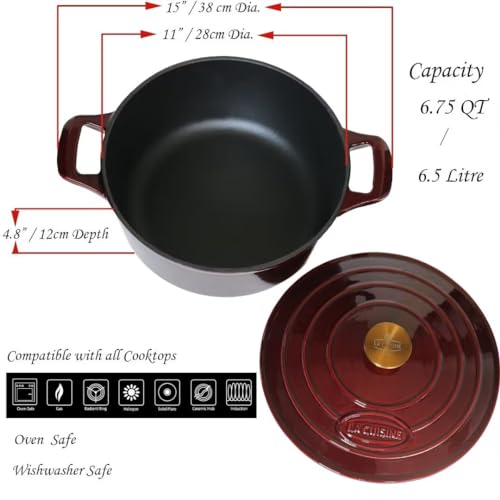 La-Cuisine-Enameled-Cast-Iron-Dutch-Oven-Casserole-Pot-with-Lid-65-QT-Matte-Black-Enamel-Interior-Cranberry-Enamel-Coating-Exterior-Gold-Plated-Stainless-Steel-Lid-Handle-Oven-Safe