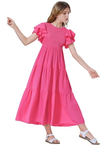 Mebius Girls Maxi Long Smocked Dresses Kids Boho Summer Flowy Ruffle Sleeve Tiered Flutter Sleeve A-line Dress 6-12Y
