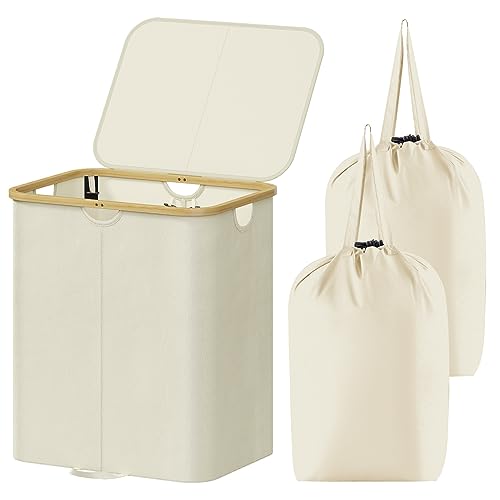 Lifewit 120L Double Laundry Hamper with Lid, Large Laundry Basket with Bamboo Handles and Removable Laundry Bags, Foldable Clothes Hampers for Laundry for Bedroom, Bathroom, Dorm, Laundry Room, Beige