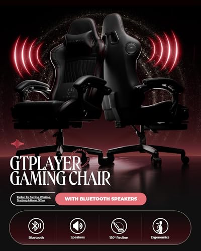 Image of GTPLAYER ACE-PRO Music Gaming Chairs - Built-in Speakers, App Support & Bluetooth Control, Computer Game Chairs with Footrest for Adults, Ergonomic, Reclining, Linkage Armrest, BK‑RD Stitch