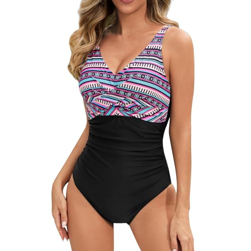Bikini Short Talla Grande Traje de baño de cintura alta adelgazante de 1 pieza para mujer, traje de baño con cuello en V y copas, trajes de baño sexis de moda para mujer con franjas Bikini (Purple, L)