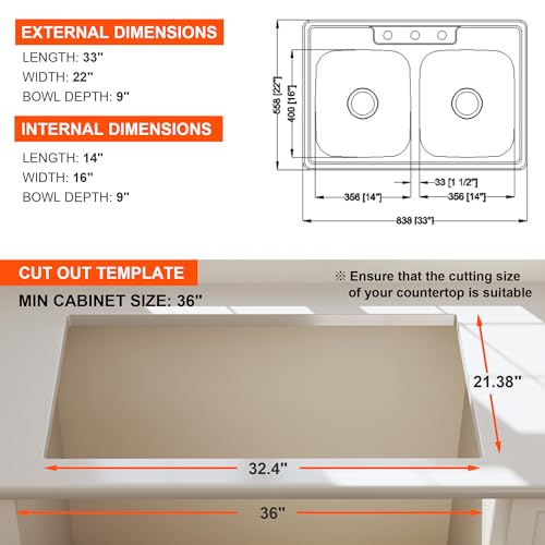 Image of 33x22 Drop In Double Bowl 33 Inch Topmount 50 /50 Kitchen Sink